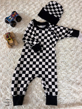 Load image into Gallery viewer, Meadow Romper Black and White Check & Beanie 726
