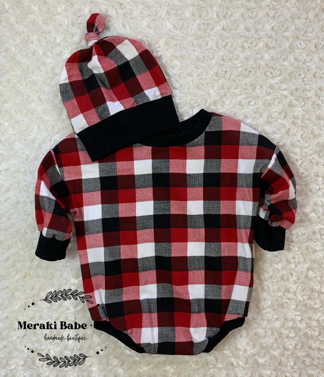 Oversize Black Red White Plaid Sweater Romper & Beanie Set