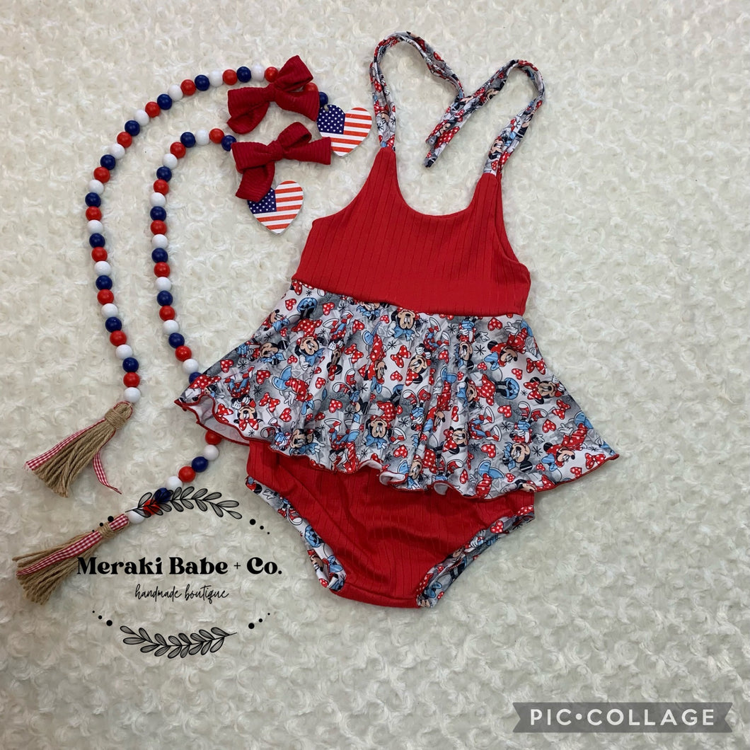 Skirted Camilla Tie Romper One Piece Romper ~ Summer ~ Perfect for Fourth of July