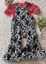 Load image into Gallery viewer, Knotted Overalls Big Bell Cow &amp; Gingham Top 12-18 Mo  726
