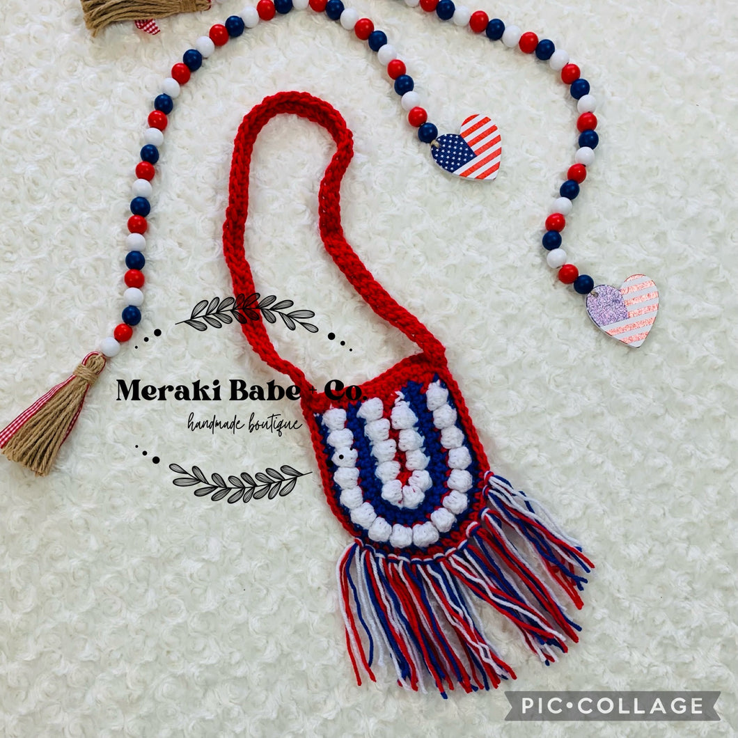 Bitty Mini Boho Crochet Bag with Fringe ~ Red White & Blue ~ 4th of July ~ Sweet Gift