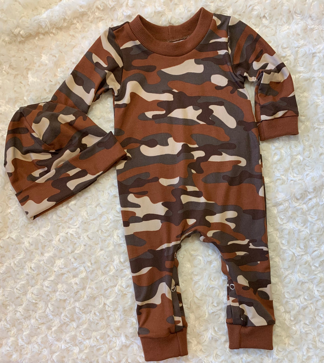 Romper Beanie Set in Rust Camo Print